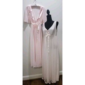 SHADOWLINE Pink Bridal Peignoir Set Nylon Nightgown Chiffon Robe Sz M USA Made